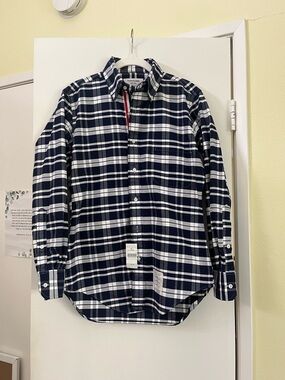 NWT Thom Browne New York Navy White Plaid Oxford Shirt Size 0 XS RWB Trim